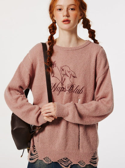 Rabbit print round neck sweater