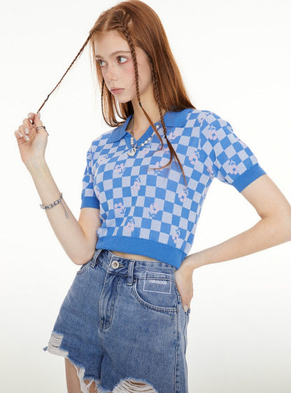 Blue Checkerboard Short Sleeve Polo Shirt