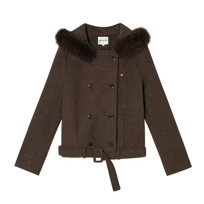 Retro Coffee Woolen Coat Skirt Set-Up