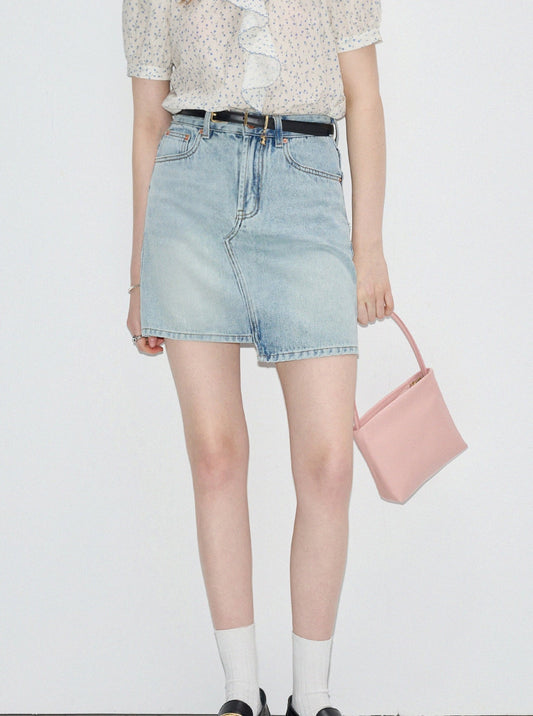 High Waist A Line Denim Light Blue Short Skirt