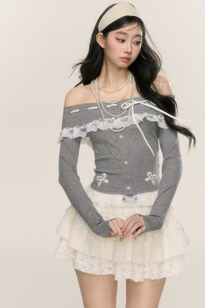 [September 26th 20 o'clock sale] less eye camellia rime one-shoulder lace long-sleeved T-shirt women's early autumn