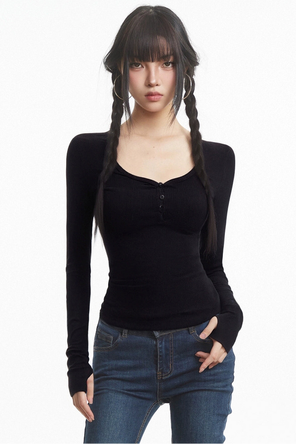 Black U-Shaped Slim Long Sleeve T-Shirt