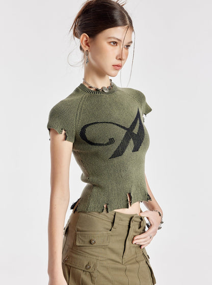 Army Green Ripped Crew Neck Sweater