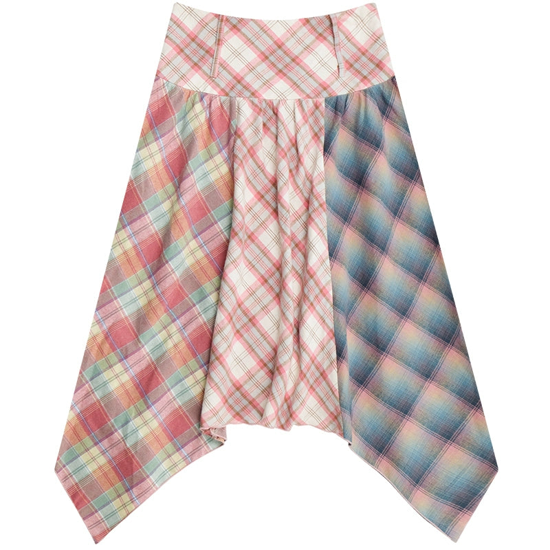 Contrast Stitching Pink Plaid Skirt