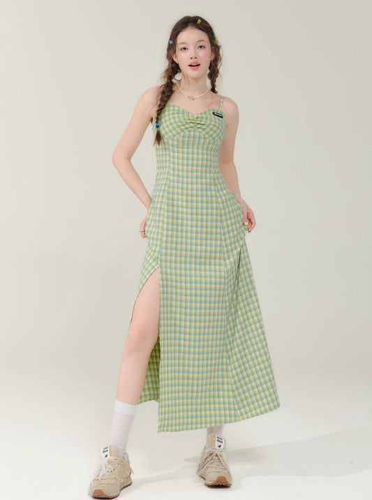 ziziFei Sommer amerikanisch retro check Taille cinched dünnen Schlitz grün kariert Slip Kleid langen Rock Frauen