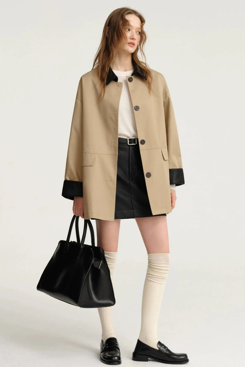 Patchwork Collar Lyocell Trench Coat