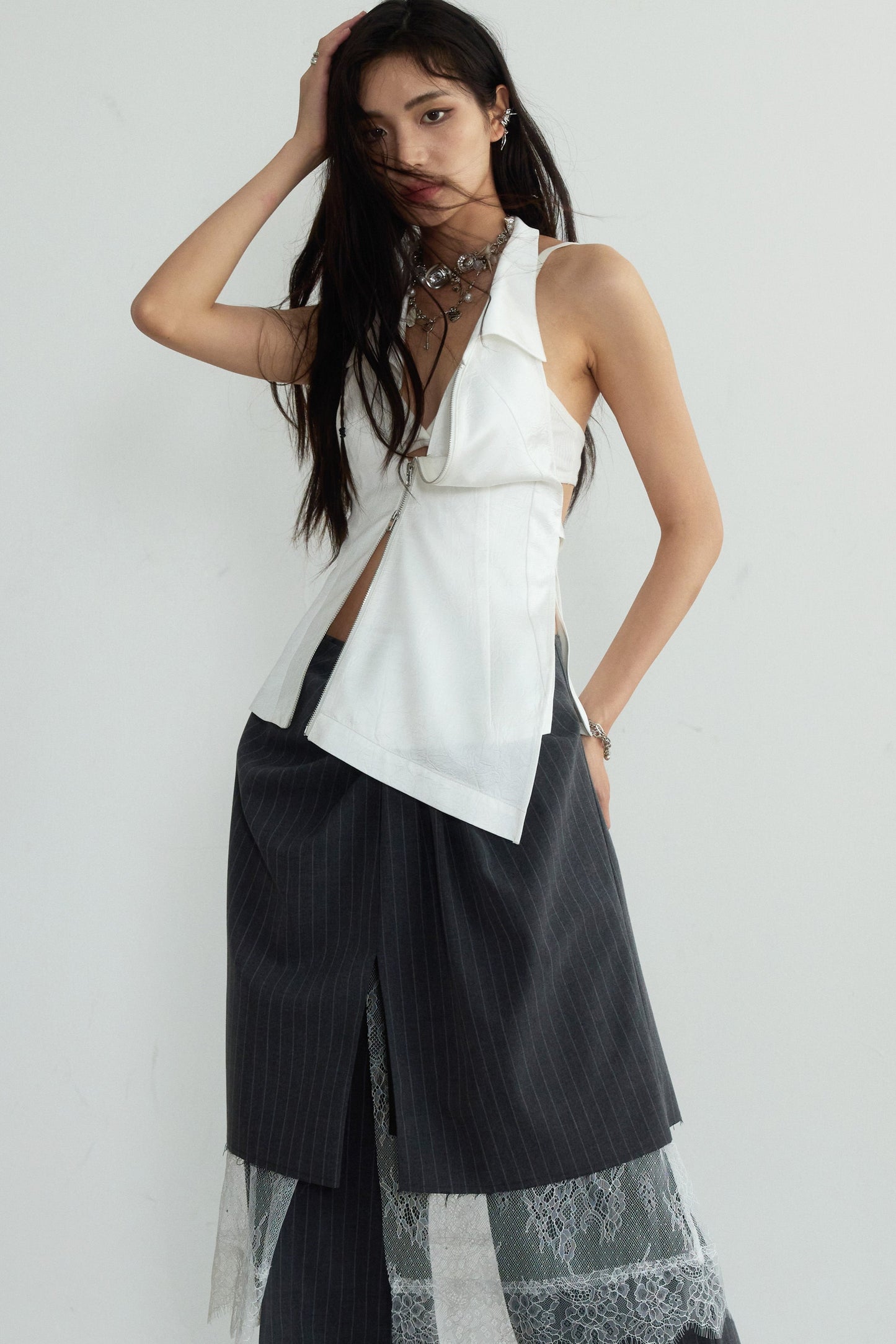 Gray Striped Sculptual Three-Piece Skirt Trousers