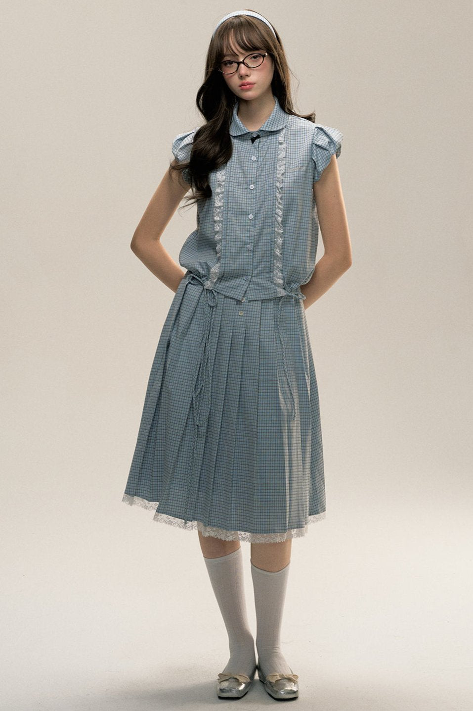 Flying Sleeve Shirt and Pleated Skirt Set-Up