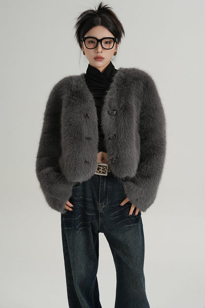 High-End Gray Eco-Friendly Fur Coat