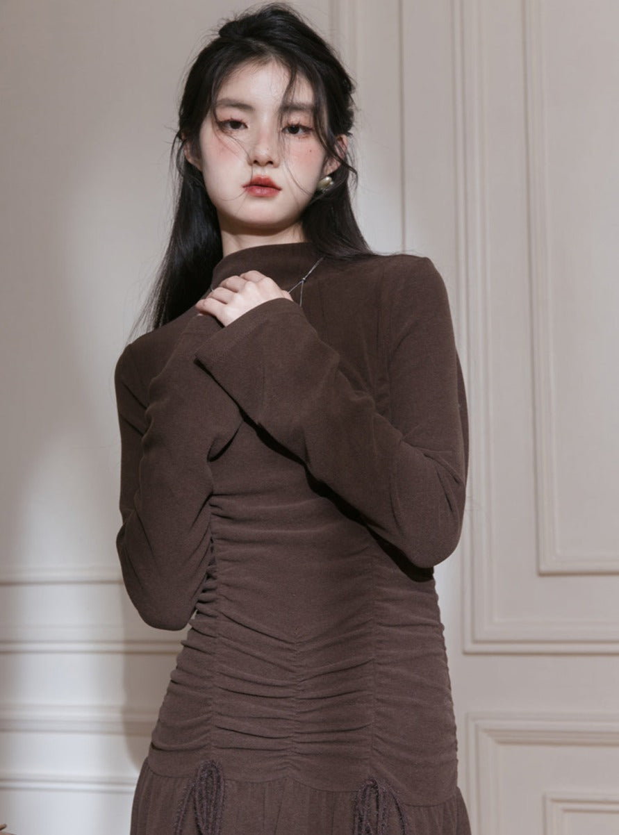 SLIM-FITTING CROPPED SHIRRED KNIT DRESS