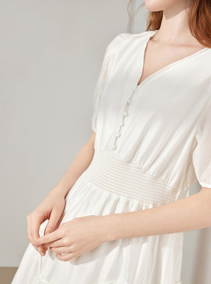 French Elegant V-Neck Puff Sleeve Dress