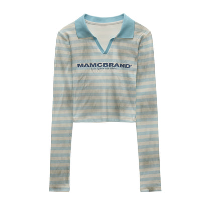 Distressed Striped Long Sleeve Polo Collar T-Shirt