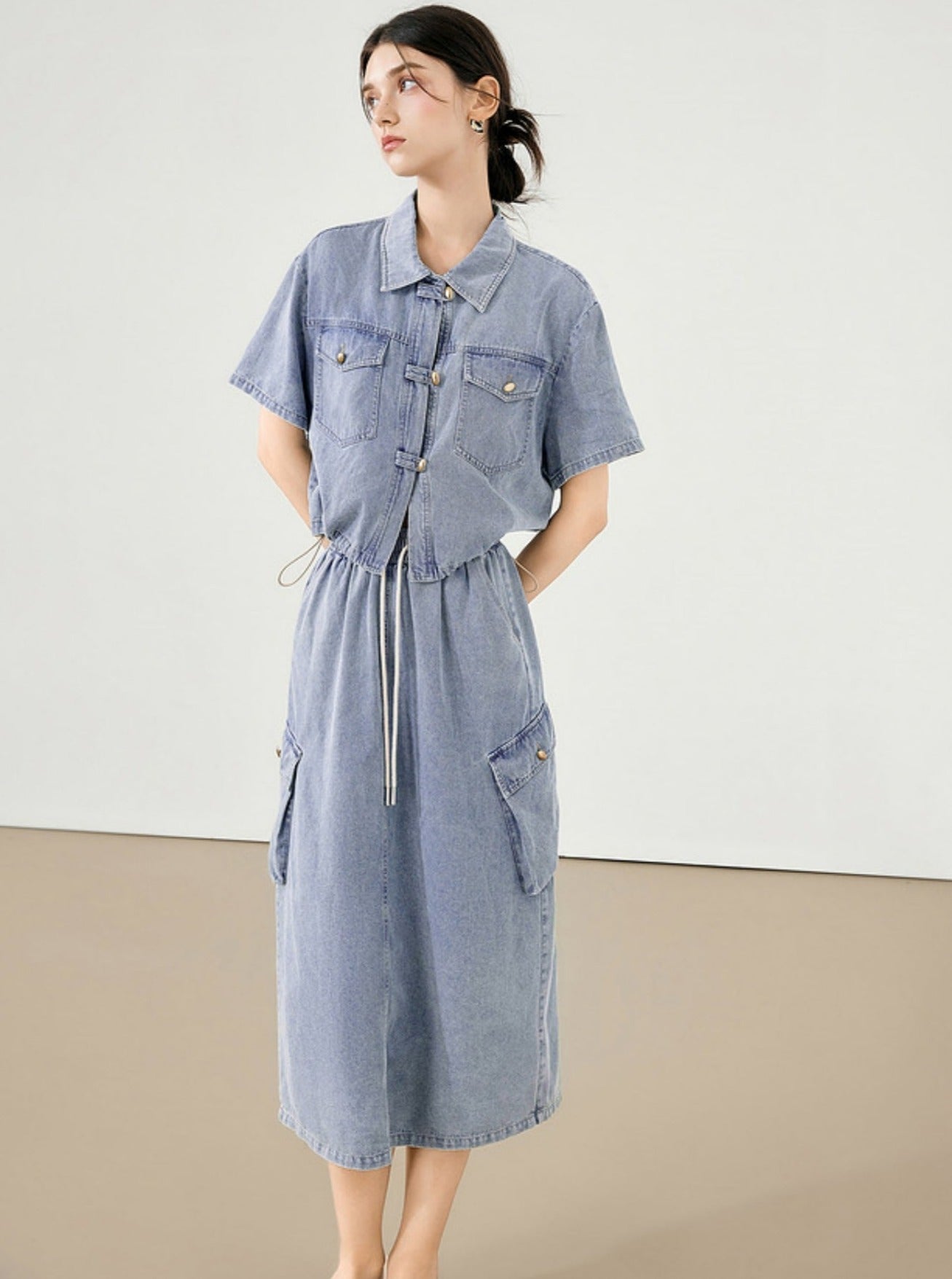 Chinese Denim Shirt Skirt Set