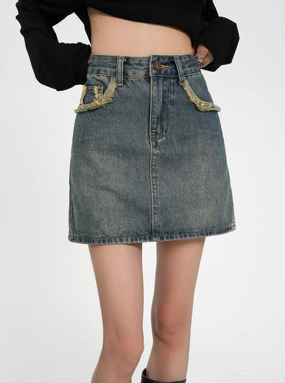 SRYS American Street Wash Distressed Raw Edges High Waist Denim Rock Rock Sommer Rock New Women's Skirt