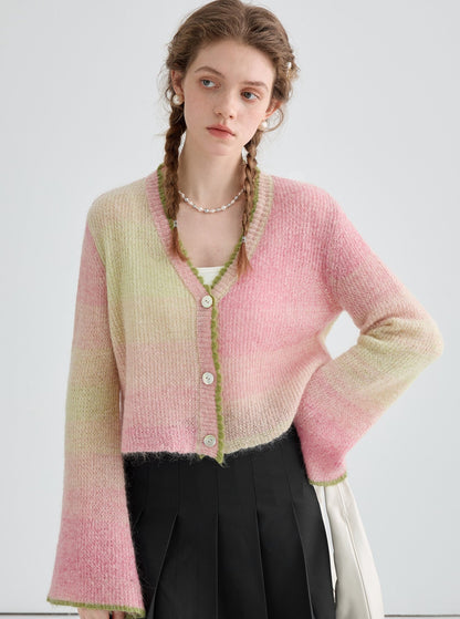 Design Bell Sleeve Gradient Knit Cardigan Top