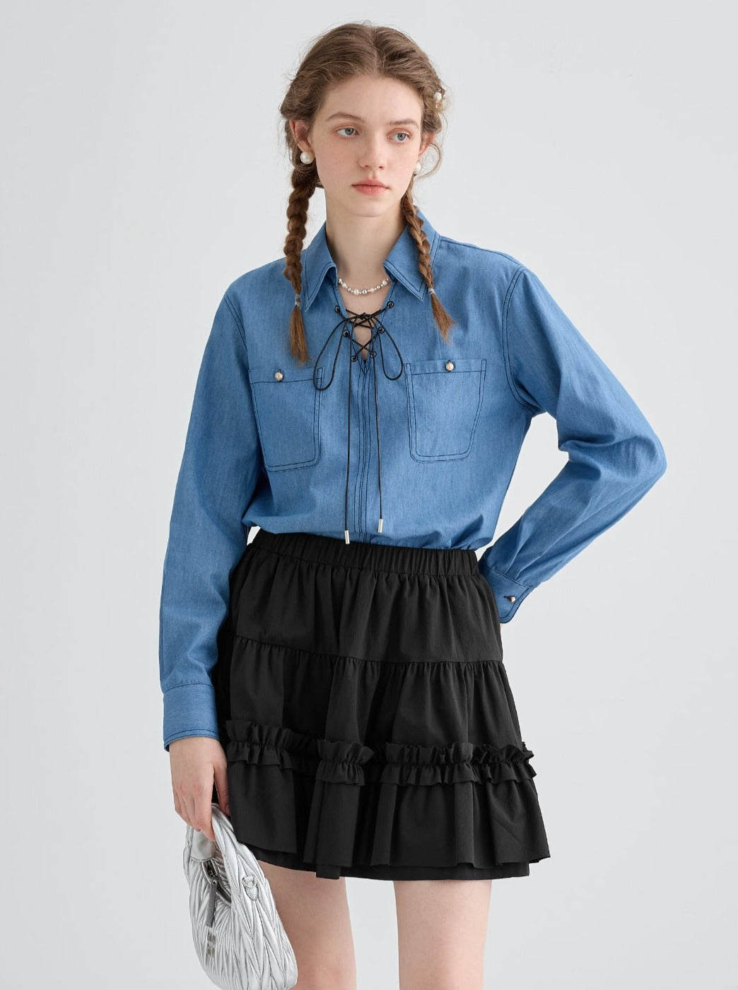 Retro denim lace-up shirt