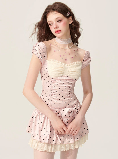 Weniger auch Auge Pulver Nebel Prise weiß rosa Kleid Frauen Sommer Taille a-line dünne Polka Dot Französisch süßen Rock