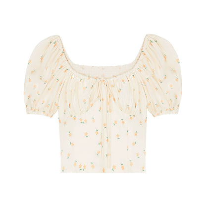 V-Neck Slim Fit Floral Puff Top