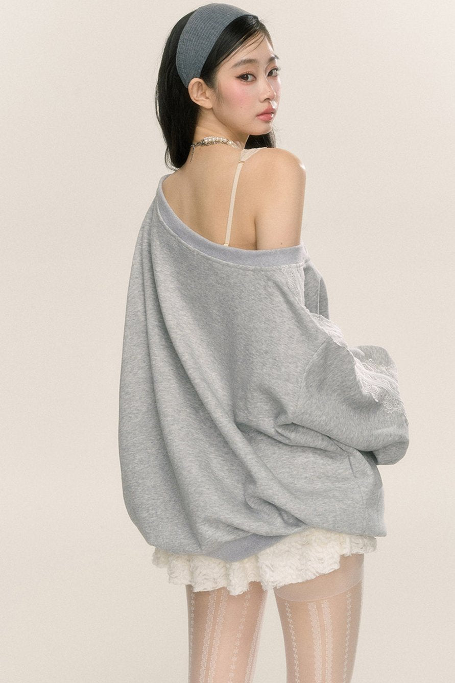 Less eyes [September 26 um 20 Uhr im Verkauf] Less eyes bow fantasy loose slanted shoulder sweatshirt women's early autumn