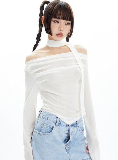 Off Shoulder Thin Long Sleeve with Scarf T-shirt