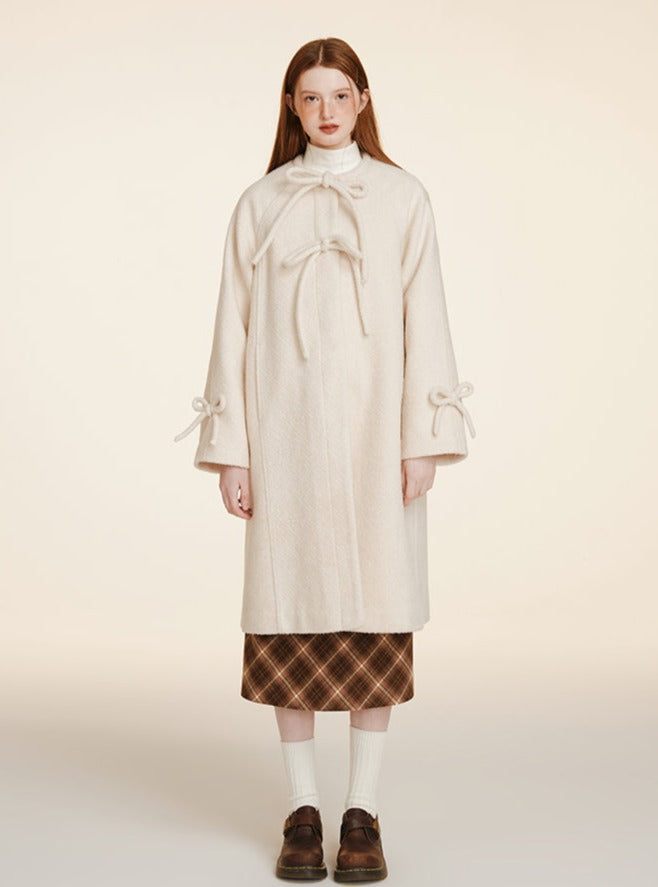 WHITE-RED HOOP TWEED WOOLEN COAT