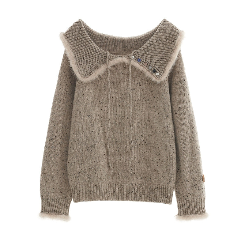 Fluffy Shoulder Button Lapel Knit Top