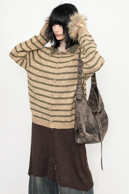 Vintage Striped Lapel Knit Sweater