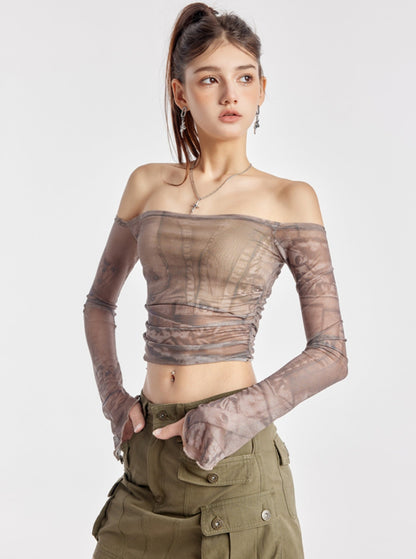 One-Shoulder Pleated Mesh Top