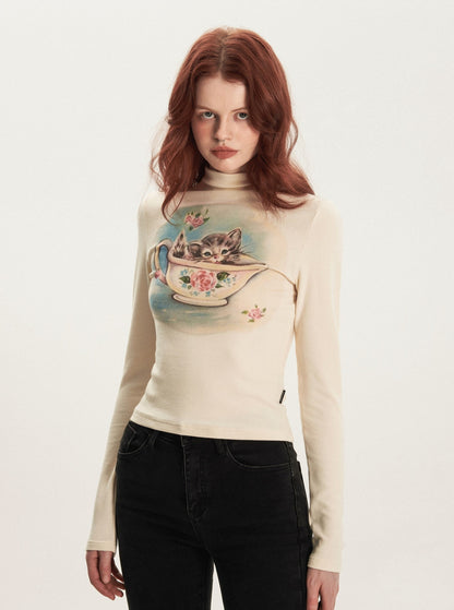 American vintage high neck long sleeve T-shirt top