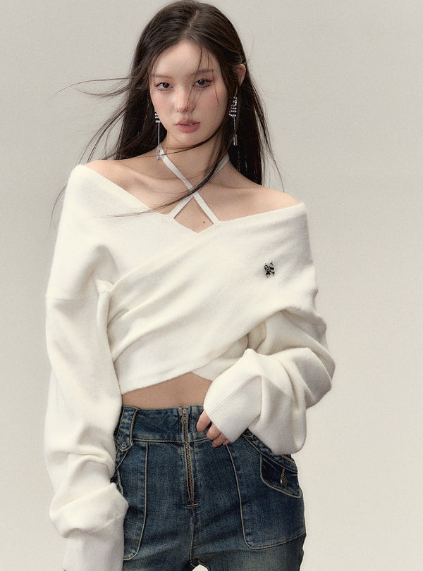 One-shoulder collarbone wool tops