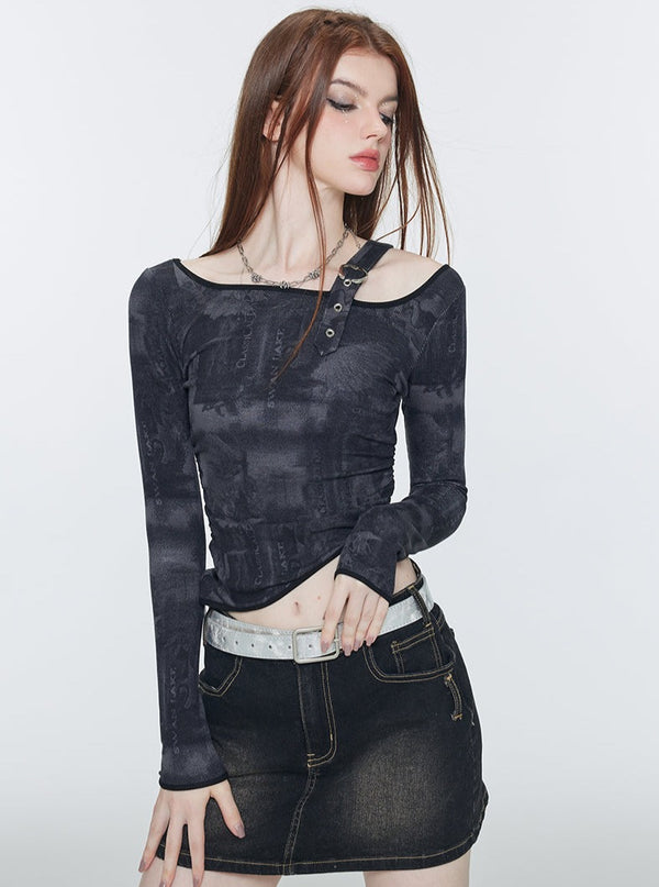 American one shoulder print suspender t-shirt