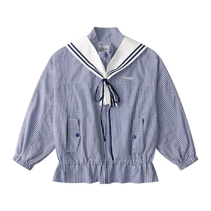 Navy Collar Plaid Jacket Set-Up