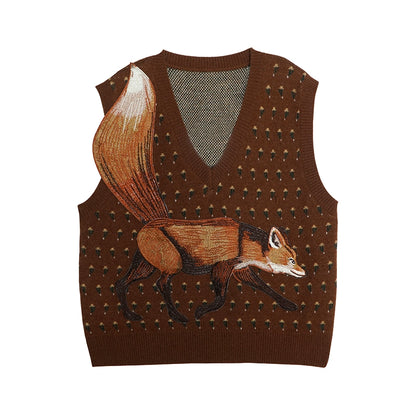 Retro Orange Fox Knitted Sleeveless Vest