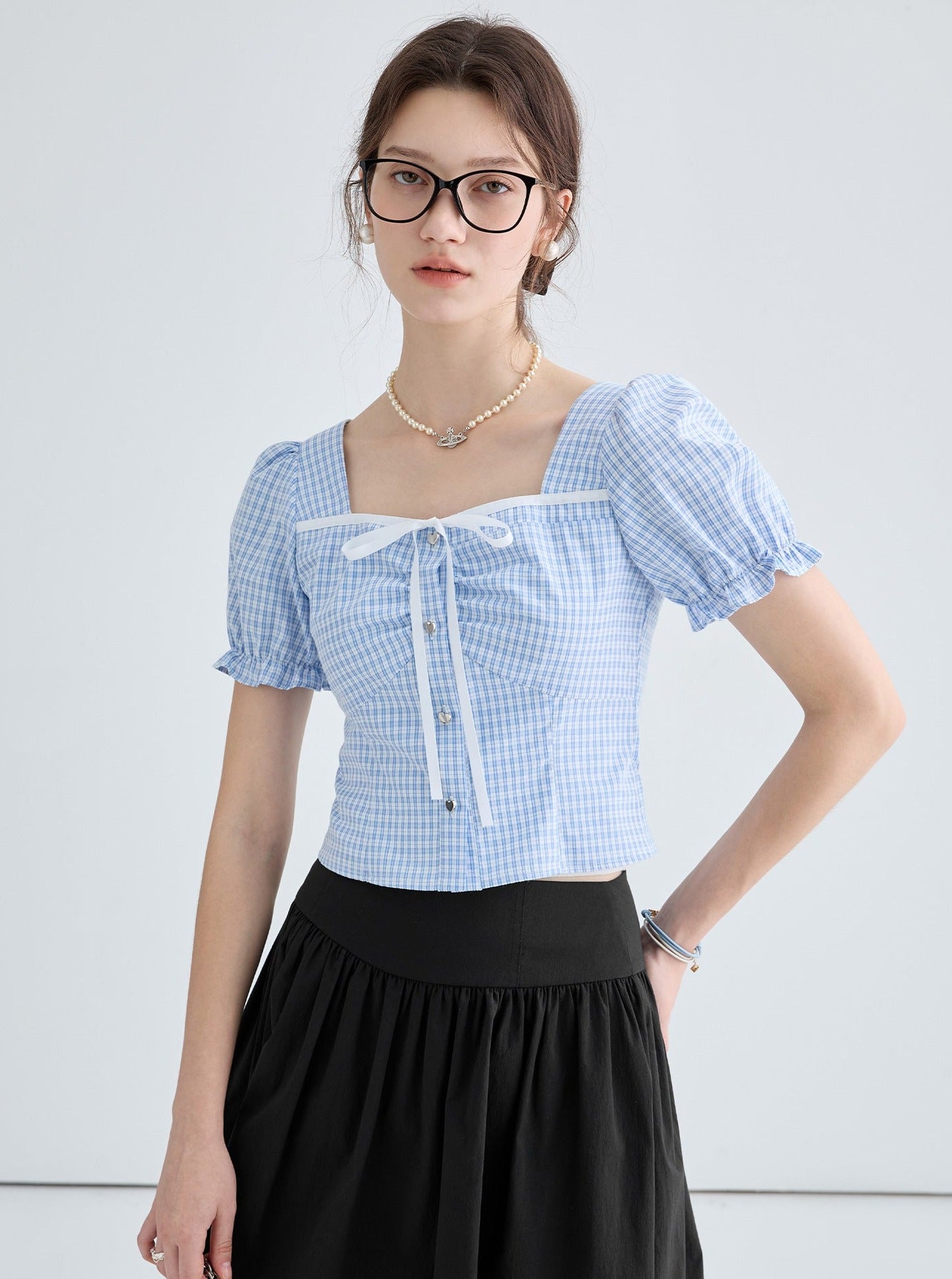 Blue And White Puff Sleeve Top