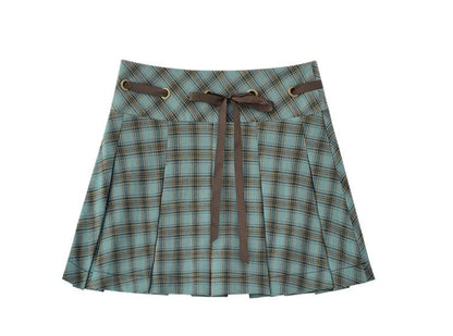 Brown-green checkered pleated Skirt