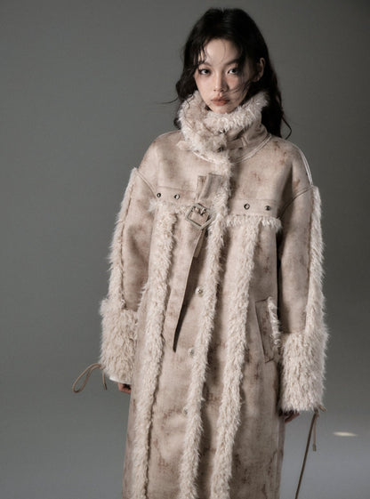 Long lamb fur integrated stitching jacket