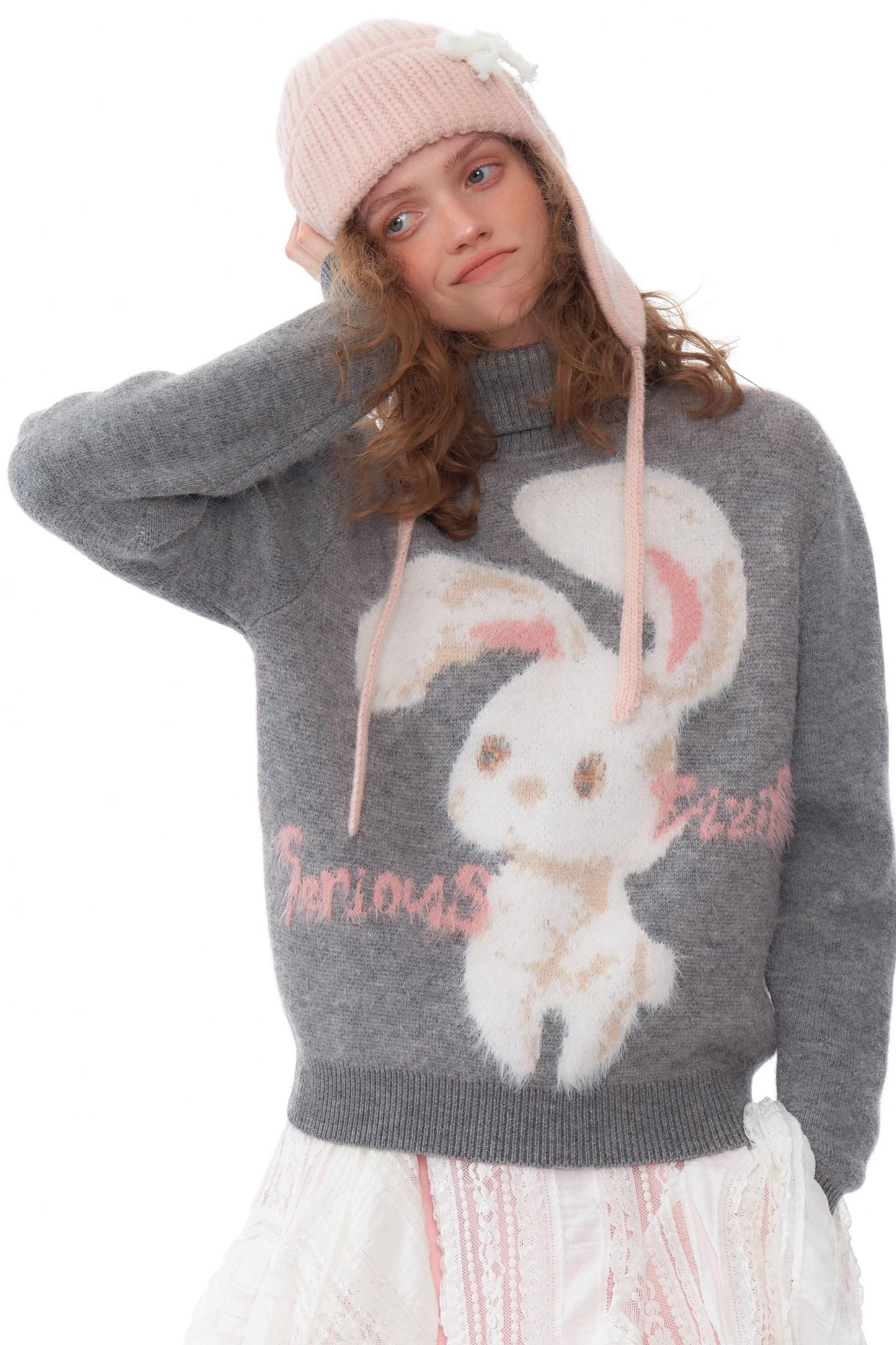 ziziFei autumn and winter American retro design high-quality plush rabbit soft and lazy gray turtleneck sweater women