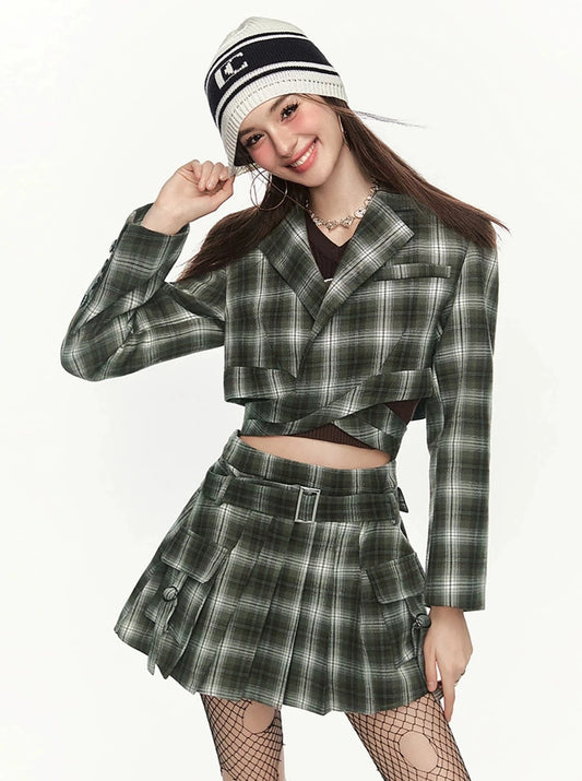 Plaid Suit Half Skirt Two Piece Set