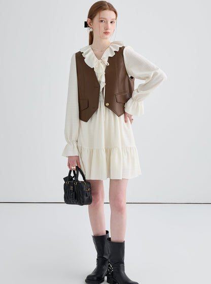 Vintage Leather Vest And Ruffle Edge Dress Set-Up