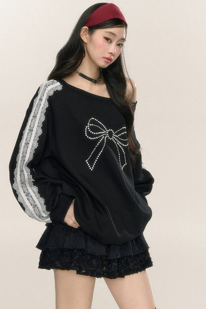 Less eyes [September 26 um 20 Uhr im Verkauf] Less eyes bow fantasy loose slanted shoulder sweatshirt women's early autumn