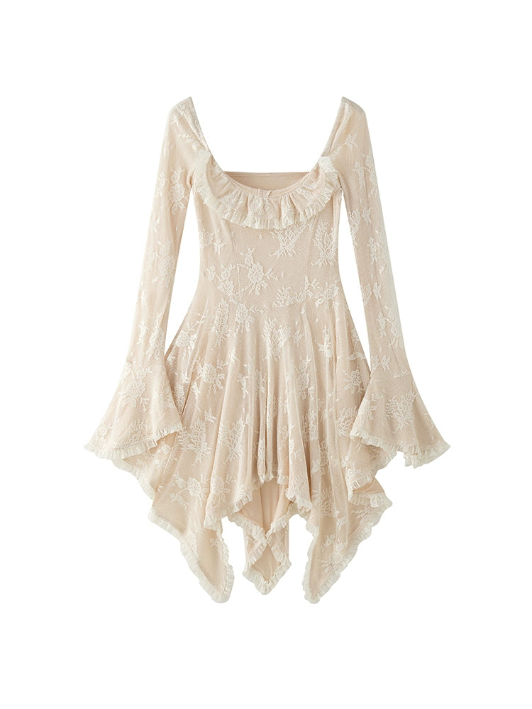 Square Neck Asymmetric Long Sleeve Dress