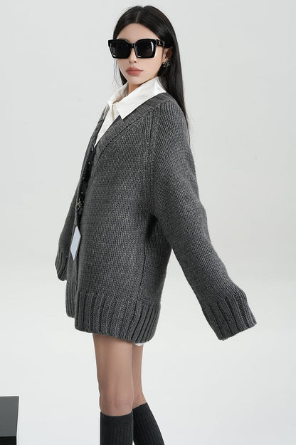 Grey Long-Sleeve Knit Cardigan