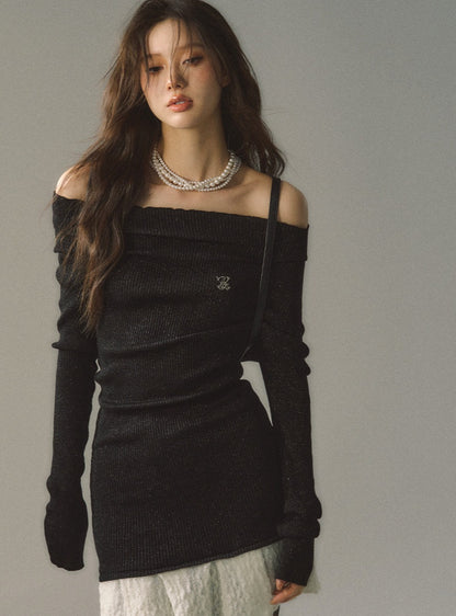 One-shoulder black knitted sweater Dress