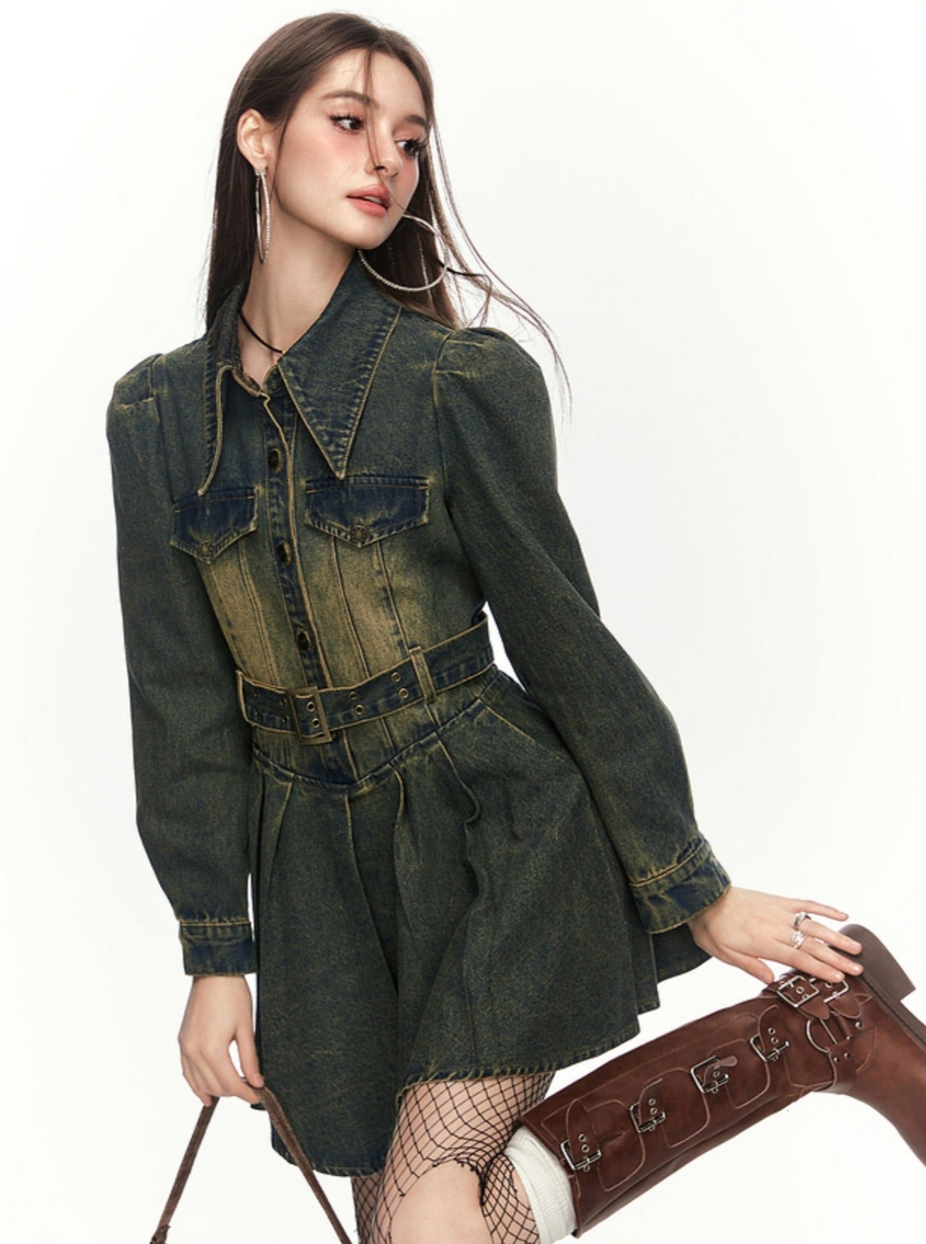 Retro Gradient Bubble Sleeve Denim Dress