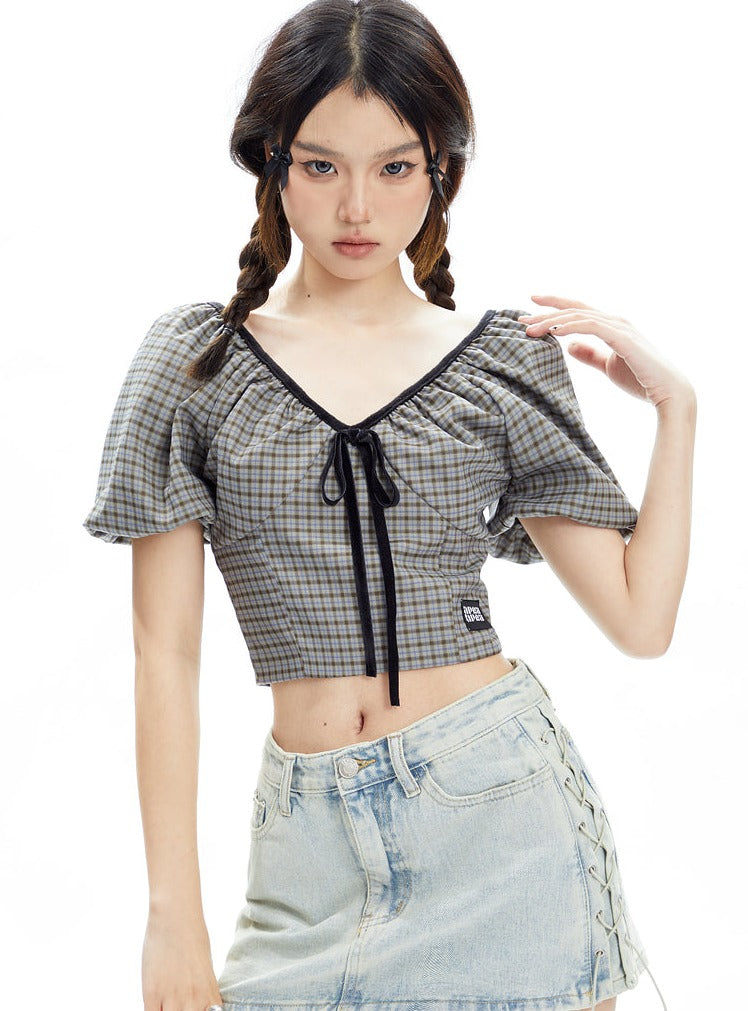 Bow Bubble Sleeve Plaid Short Shirt