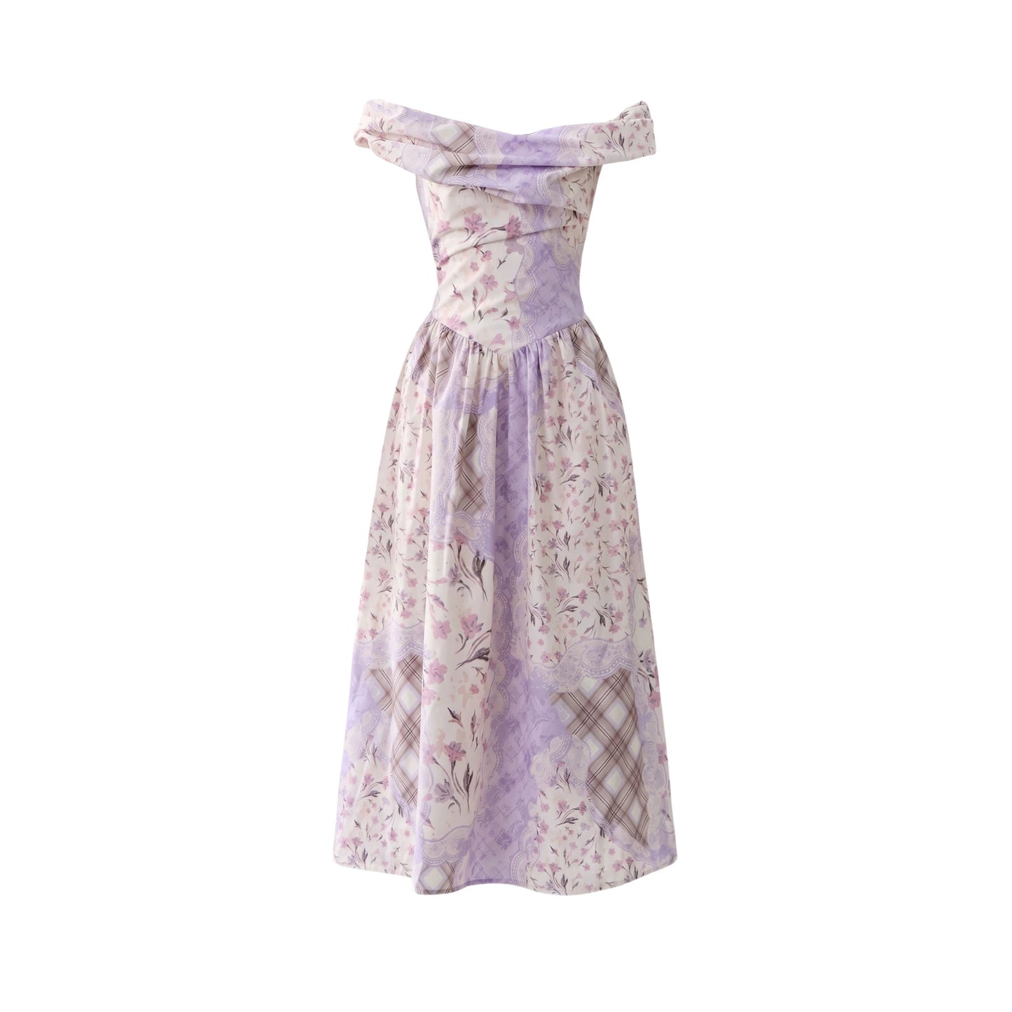 Purple Mist Plaid Off-Shoulder Dress