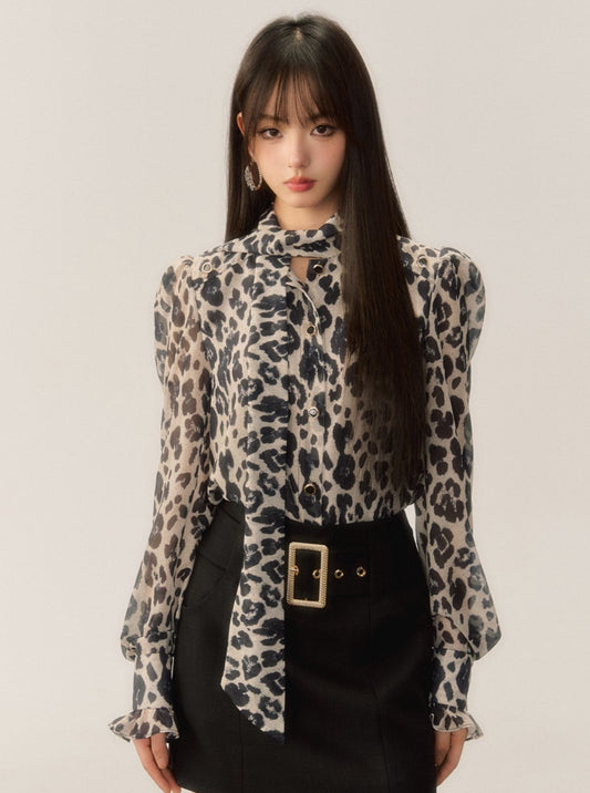 French Leopard Print Puff Sleeve Shirt