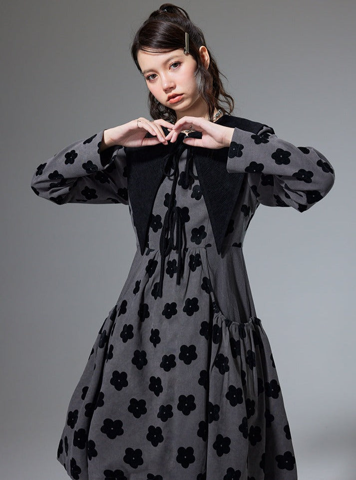 Lapel Waist Flocking Flower Black Dress