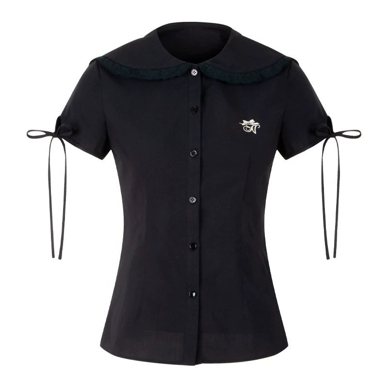 Navy Lace Collar Top & Skirt Set-Up