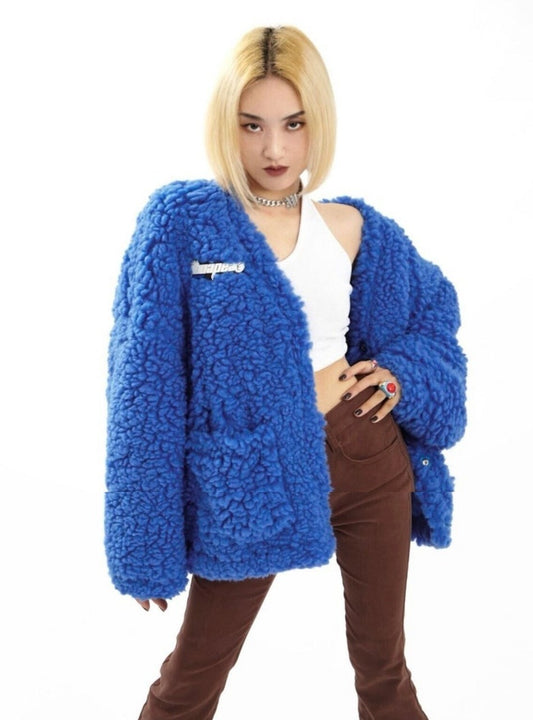 V-neck Lamb Fur Thickened Coat